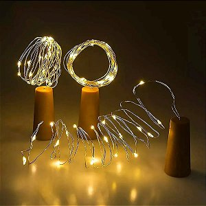 Kit com 1000 Fio de Fada Cordão Cobre Rolha 20 LED 2M Fixo Bateria Amarelo