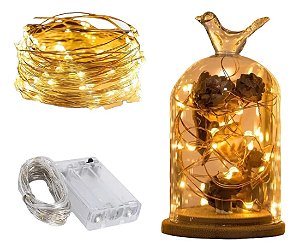 Kit com 200 Fio de Fada Cordão Cobre 50 LED 5M Pilha AA Branco Quente