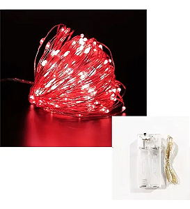 Kit com 200 Fio de Fada Cordão Cobre 50 LED 5M Pilha AA Vermelho