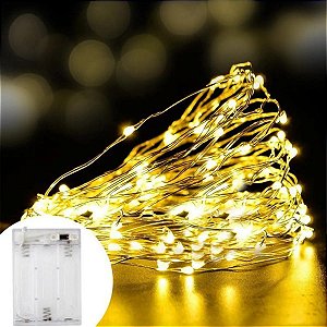 Kit com 200 Fio de Fada Cordão Cobre 50 LED 5M Pilha AA Amarelo