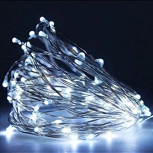 Kit com 50 Fio de Fada Cordão Cobre 200 LED 10M Branco Frio Pilha AA
