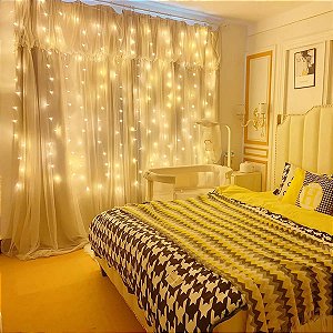 Kit com 48 Fio de Fada Cortina Cobre 200 LED 2x2M Conector M/F Bivolt Branco Quente
