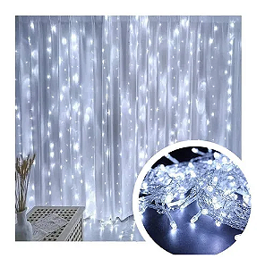 Kit com 100 Fio de Fada Cortina Cobre 300 LEDs 8 Funções Controle 3x3M Branco Frio