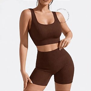 Conjunto Fitness Feminino Short Canelado Sem Costura com Top Bojo Removível Academia Treino Yoga