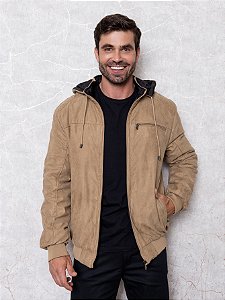 Jaqueta Masculina Dupla Face Com Capuz Bege e Preto