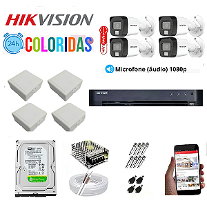 Kit Hikvision 4 Câmeras 1080p Colorido 24h Com Áudio