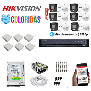 Kit Hikvision 6 Câmeras 1080p Colorida 24h Com Áudio
