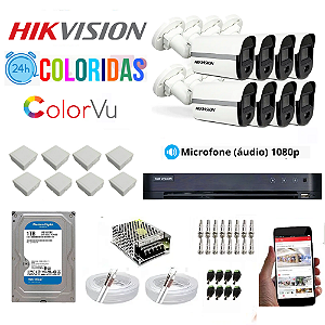 Kit Hikvision Vu 8 Câmeras 1080p Colorida 24h Com Áudio