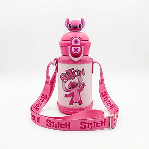 Garrafa Infantil Térmica Angel Stitch Rosa com Alça Tiracolo 450ml