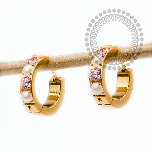 TN2442 Brinco Argola CZ Rosa e Pérolas  Titânio PVD Gold