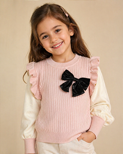 Blusa Infantil Tricot Rosê com Laço Preto