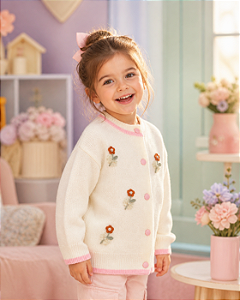 Casaquinho Infantil Tricot Creme com Flores Bordadas