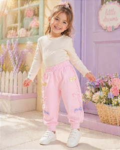 Calça Infantil Moletom Rosa com Laços Coloridos