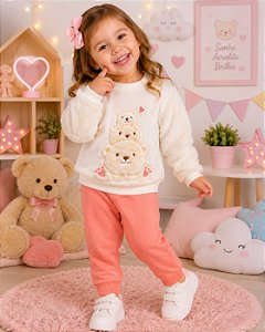Conjunto Infantil Kyly Urso Bege e Rosa