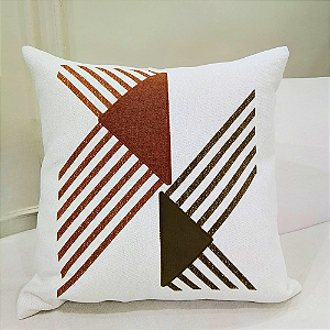 Almofada Bordada em Linho 52x52 - Abstrato Geométrico Terracota e Marrom