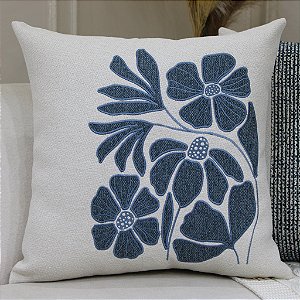 Almofada Bordada em Linho 52x52 - Flora Azul