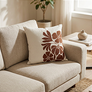 Almofada Bordada em Linho 52x52 - Flora Terracota