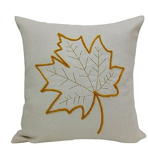 Almofada Bordada em Linho 52x52 - Folhas Secas Mostarda