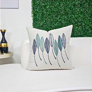 Almofada Bordada em Linho 52x52 - Oito Folhas Verde