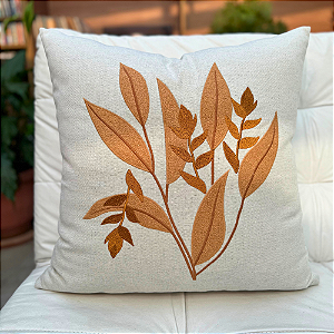 Almofada Bordada em Linho 52x52 - Folhagem Terracota