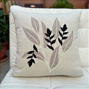 Almofada Bordada em Linho 52x52 - Folhagem Cinza
