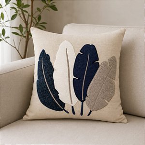 Almofada Bordada em Linho 52x52 - Pluma Azul/Bege/Branco