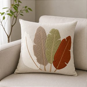 Almofada Bordada em Linho 52x52 - Pluma Terra/Verde/Bege/Branco
