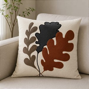 Almofada Bordada em Linho 52x52 - Tri-Folhas Terra/Azu/Bege