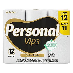 PAPEL HIGIÊNICO PERSONAL FOLHA TRIPLA 20M – LEVE 12 PAGUE 11 MACIEZ E RESISTÊNCIA SANTHER