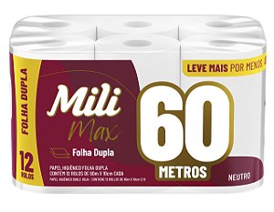 Papel Higiênico Folha Dupla Mili 12 Rolos com 60 Metros Max Neutro / Super Macio - Pacote com 720 Metros