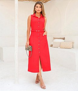 Vestido Midi em viscose com cinto de elástico