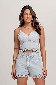 Cropped jeans com bordado