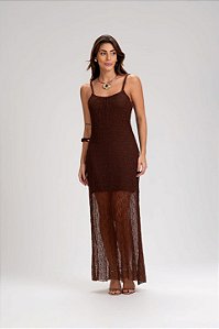 Vestido super Midi de renda com alça trançada