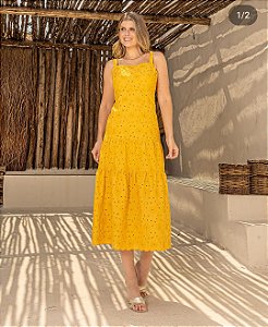 Vestido Midi em laise com tronco alongado