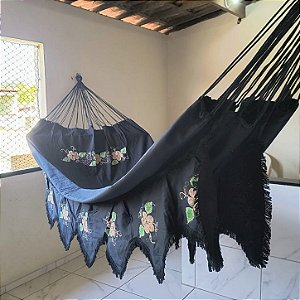 rede descanso sol a sol varanda tecido bordado preto