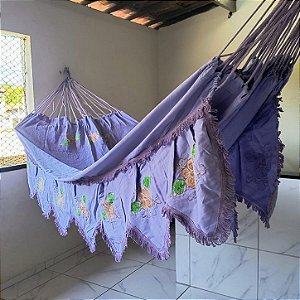 rede descanso sol a sol varanda tecido bordado lilas