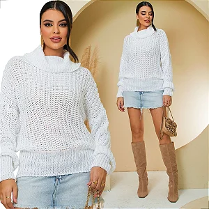 Suéter Tricot Inverno com Gola Alta - Tam. Único - Veste do 36 ao 44 - Cor Branco