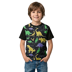 Camiseta Infantil Menino Estampa Dinossauros Silhuetas Coloridas