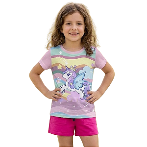 Camiseta Infantil Menina Unicórnio com Asas e Fundo Ondas