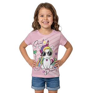 Camiseta Infantil Menina Unicórnio de Óculos Sol Sweet Dreams