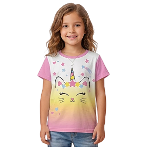 Camiseta Infantil Menina Estampa Gaticórnio Degradê Pastel