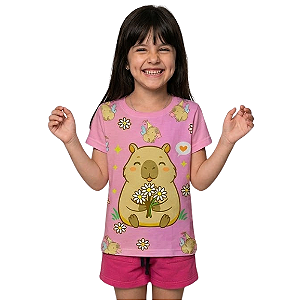 Camiseta Infantil Menina Estampa Capivara com Flores Margaridas