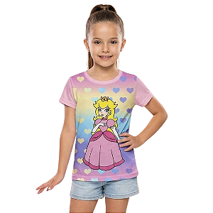 Camiseta Infantil Princesa Peach – Estampa Corações Candy Color
