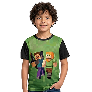 Camiseta Infantil Menino Estampa Minecraft Steve e Alex