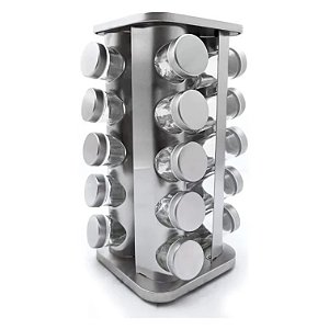 Porta temperos giratório de aço inoxidável com 20 potes de vidro