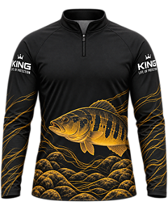 CAMISETA DE PESCA KING BRASIL COM PROTEÇÃO UV 50+ - TUCUNARÉ PRETO & OURO - KD00774