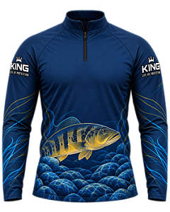 CAMISETA DE PESCA KING BRASIL COM PROTEÇÃO UV 50+ - TUCUNARÉ PRETO & OURO - KD00774