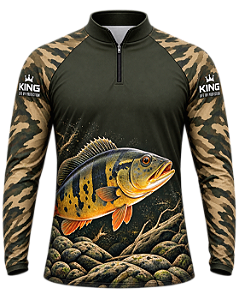 CAMISETA DE PESCA KING BRASIL COM PROTEÇÃO UV 50+ - TUCUNARÉ CAMUFLADO OLIVA - KD00780