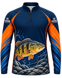 CAMISETA DE PESCA KING BRASIL COM PROTEÇÃO UV 50+ - TUCUNARÉ AZUL & LARANJA - KD00782