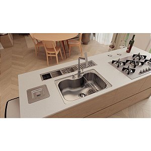Cuba Tramontina Morgana 60 Fx Undermount Em Aço Inox Escovado Com Válvula, Dosador De Sabão E Cesto Aramado
